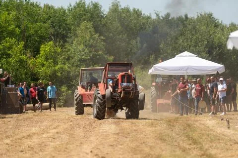 Competition in log pulling with tractors Stock Photos