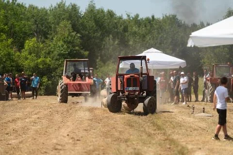 Competition in log pulling with tractors Stock Photos