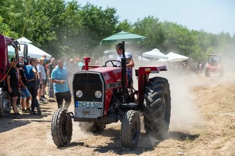 Competition in log pulling with tractors Foto stock