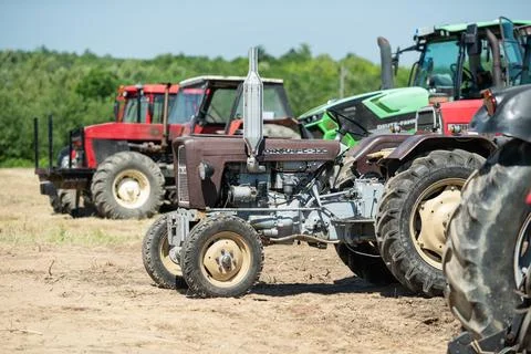 Competition in log pulling with tractors Stock Photos