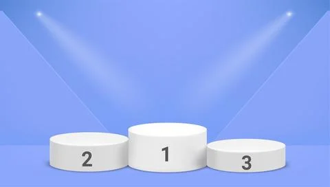 Competition podium in blue interior. 3D vector mockup Stock Illustration