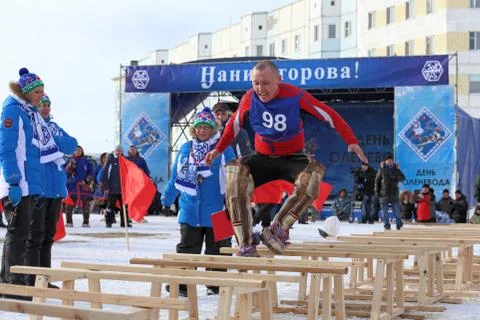 Competitions in jumps through sledge Stock-Fotos
