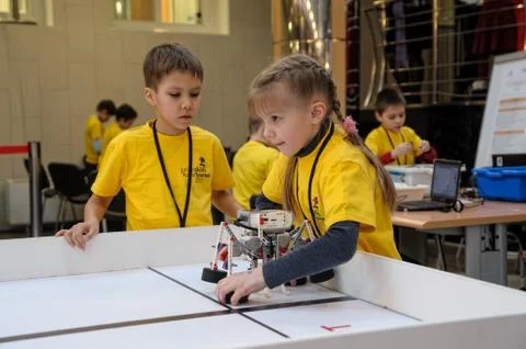 Competitions of robots among school students Stock Photos