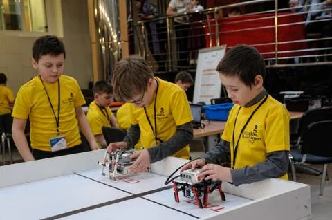 Competitions of robots among school students Stock Photos