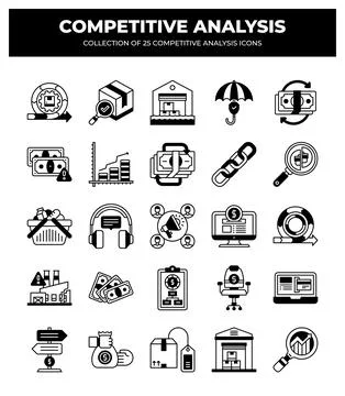 Competitive Analysis. 25 Essential Icons for Business Strategy Stock Illustration