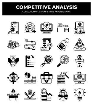 Competitive Analysis Icon Set. 25 Essential Business Strategy Icons Stock Illustration