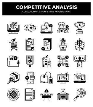 Competitive Analysis Icons. 25 Essential Business Strategy Icons Stock Illustration