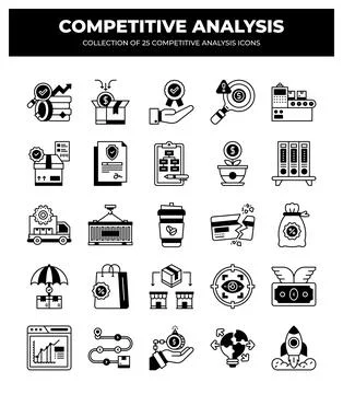 Competitive Analysis Icons. 25 Essential Icons for Business Strategy Stock Illustration