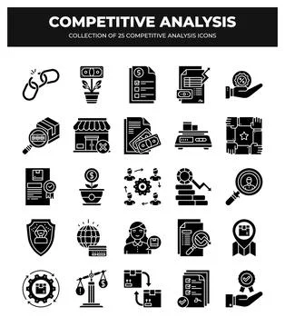 Competitive Analysis Icons. 25 Essential Business Strategy Icons Stock Illustration
