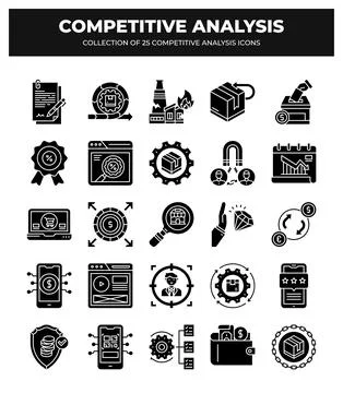 Competitive Analysis Icons. A Collection of 25 Essential Business Strategy .. Stock Illustration