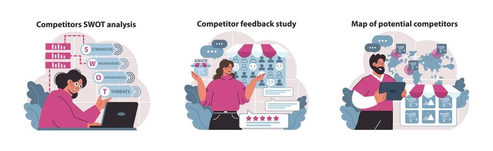 Competitive intelligence set. SWOT analysis detailing. Illustrazione stock