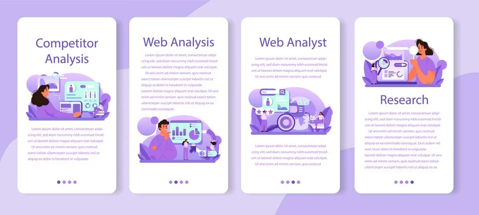 Competitor analysis mobile application banner set. Market research Stock Illustration