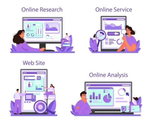 Competitor analysis online service or platform set. Market research Stock Illustration