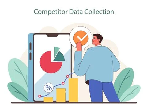 Competitor Data Collection concept. A marketer analyzes market share and Stock Illustration