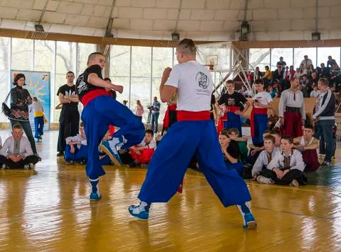 Competitor is preparing to kick his opponent Stock Photos