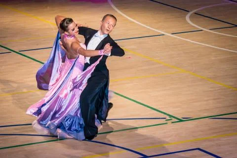 Competitors dancing slow waltz on  the dance conquest Stock Photos
