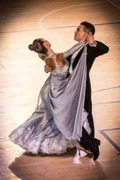 Competitors dancing slow waltz on  the dance conquest Stock Photos