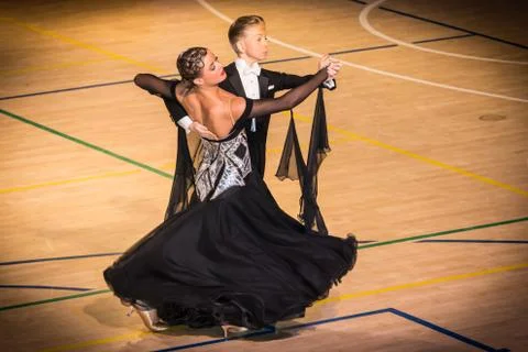 Competitors dancing slow waltz on  the dance conquest Stock Photos