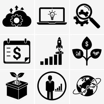 A compilation of black icons showcases essential financial concepts, includin Stock Illustration