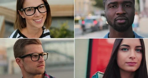 Compilation of diverse multiethnic people standing outdoors. Multiscreen on Stock Footage 130353089