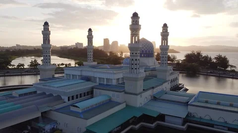 Compilation drone shot for Kota Kinabalu city mosque during sunset Stock Footage 246804585