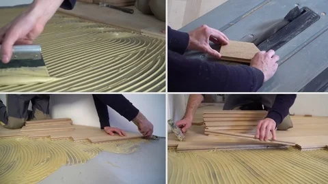 Compilation (montage) multi screen. Worker cutting and installing wood parquet Stock Footage 75163538