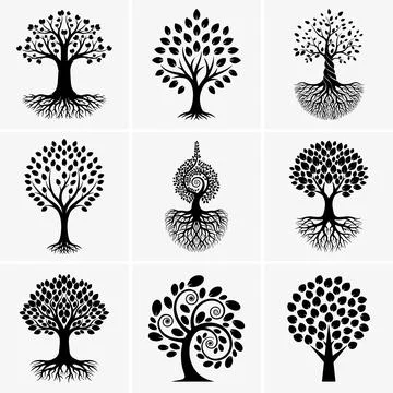 A compilation showcases nine stylized trees in solid black against a light ba Stock Illustration
