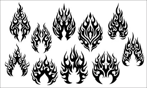 A compilation of stylized flame designs in a tribal aesthetic, rendered in bl Stock Illustration