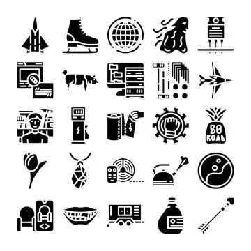 Compilation of various black glyph icons on white Stock Illustration