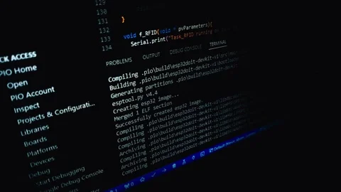 Compile process of C code on screen Stock Footage 291753093
