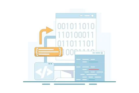 Compiler programming concept, binary numbers. software development. Illustrazione stock