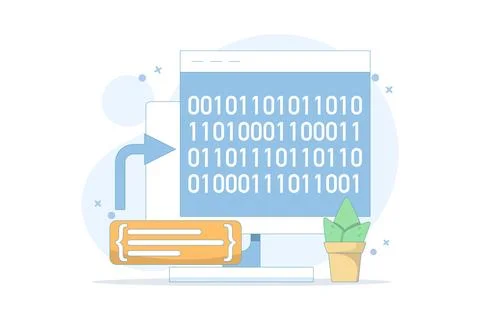 Compiler programming concept, binary numbers. software development. Illustrazione stock