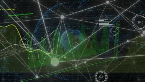 Compiling label appearing, hologram globe and nodes animating while charts Stock Footage 334883638