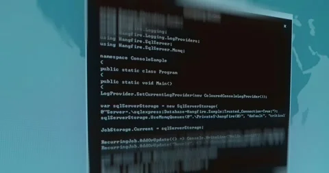 Compiling Nodes, code on background of world map Stock Footage 321756831