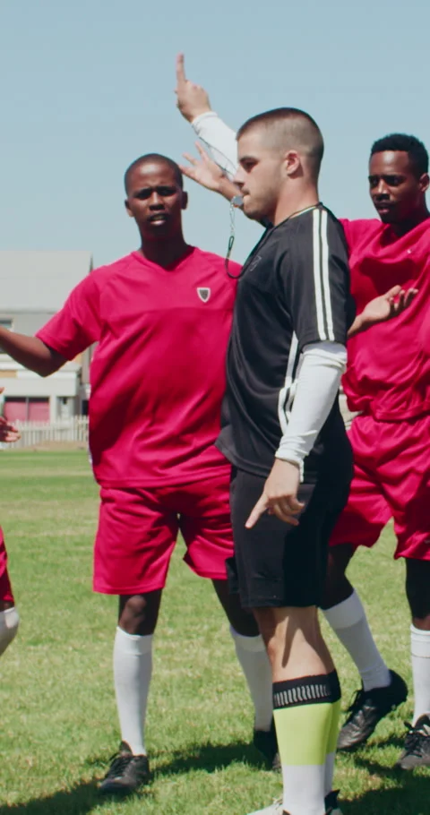 Complain, deny and ref with whistle on soccer field for control of competition, Stock Footage 336792861