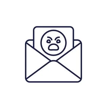 Complaint, bad feedback line icon with mail and angry emoji Stock Illustration