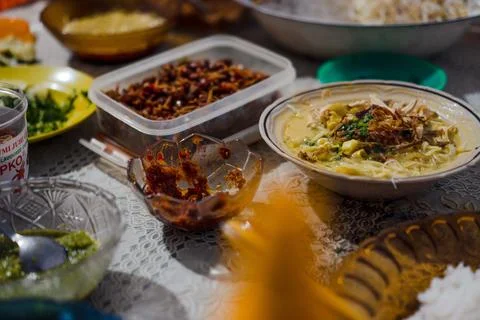 A complete array of side dishes for soto meal Stock Photos