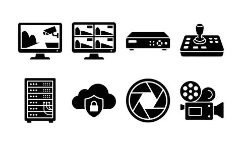 A complete array of surveillance and security monitoring equipment icons Illustrazione stock