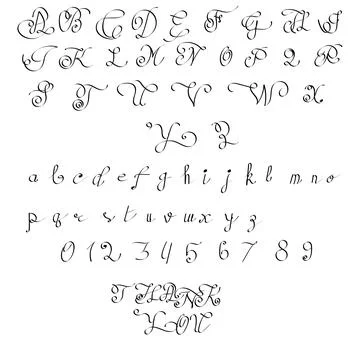 Complete black and white calligraphic script alphabet set featuring uppercase Ilustración de archivo