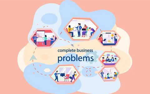 Complete business problems scheme. People work with company cost reduction 스톡 일러스트