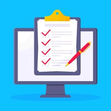 Complete checklist with check marks tick popped above the computer monitor Stock Illustration