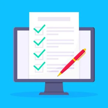 Complete checklist with check marks tick popped above the computer monitor Stock Illustration