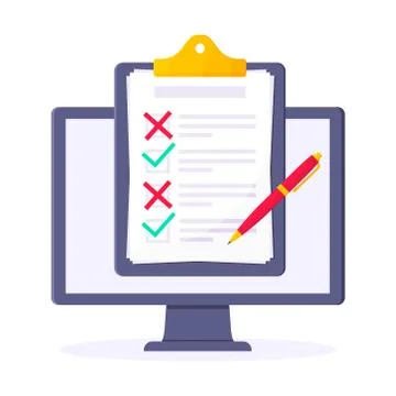 Complete checklist with check marks tick and x popped above the notebook or Stock Illustration