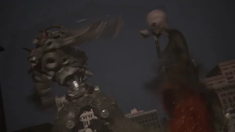 A complete cinematic scene of giants fighting in the city Stock Footage 288564604