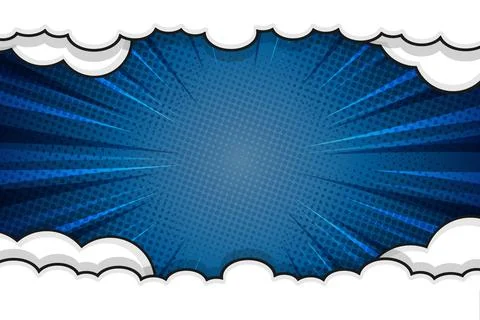 Complete Cloud Frame Comic Book Background with Blue Radial Rays and Halfto.. イラスト素材