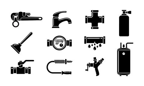 A complete collection of essential plumbing tools and equipment silhouettes Stock Illustration