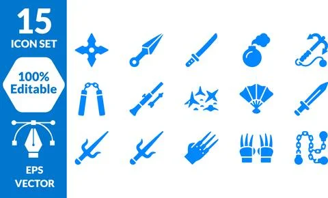Complete Collection of Traditional Ninja Tools Icons for Action and Combat .. Stockillustratie