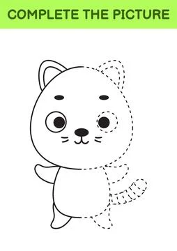 Complete drawn picture of cute cat. Coloring book. Dot copy game. Handwriting Illustrazione stock
