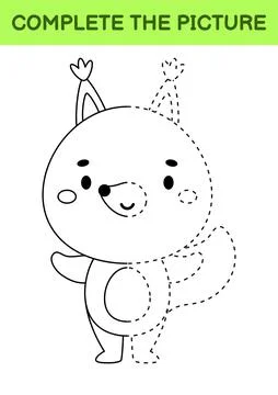 Complete drawn picture of cute squirrel. Coloring book. Dot copy game. Handwr Stock Illustration