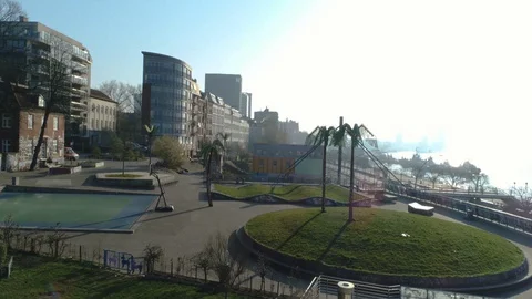 Complete empty park filmed with a drone while corona lockdown in Hamburg Stock Footage 130115849